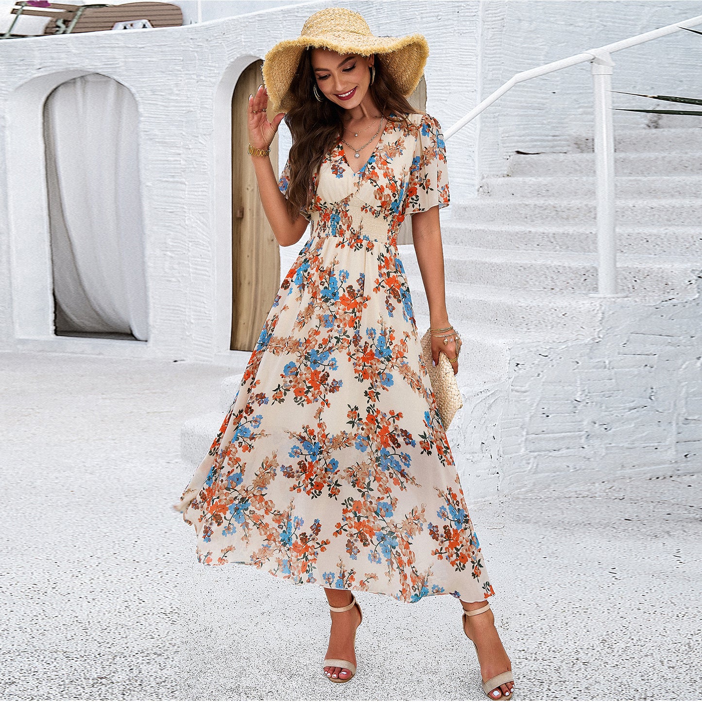 Floral Smocked Maxi Dress in Apricot - Dresses by Malbusaat