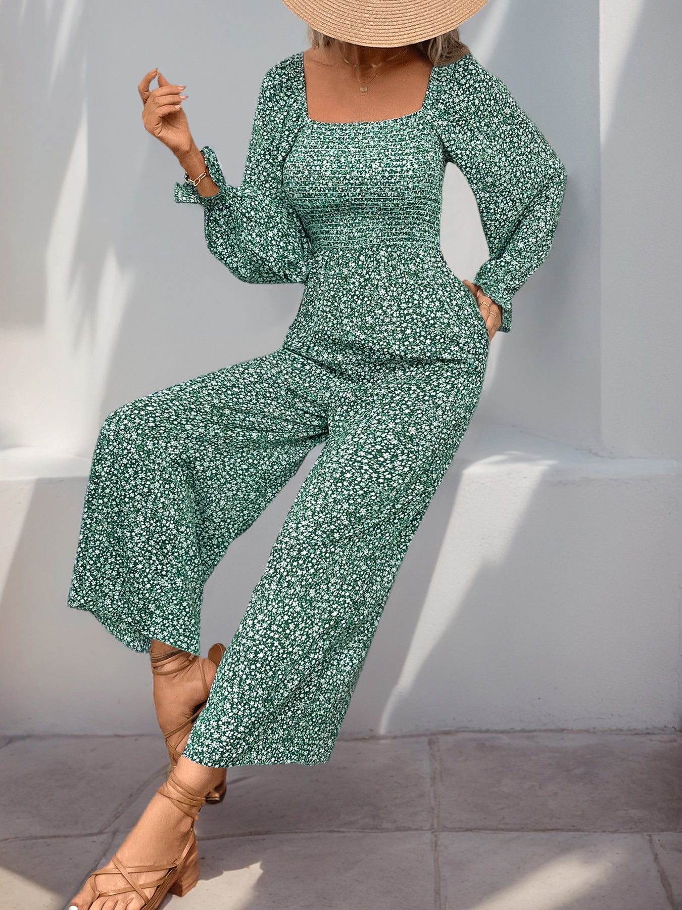 Floral Square Neck Wide Leg Jumpsuit in - by Malbusaat