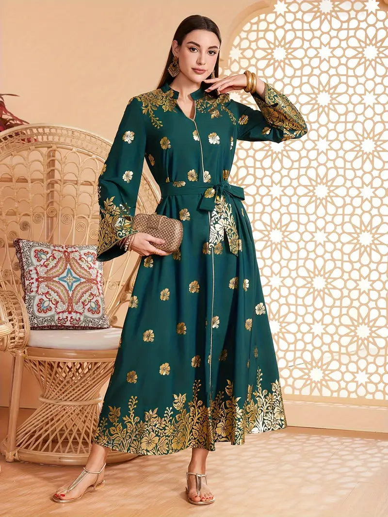 Gold Floral Pattern Belted Maxi Dress in - by Malbusaat