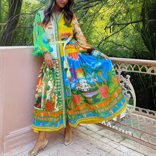 Graffiti Print Belted Maxi Dress in - by Malbusaat