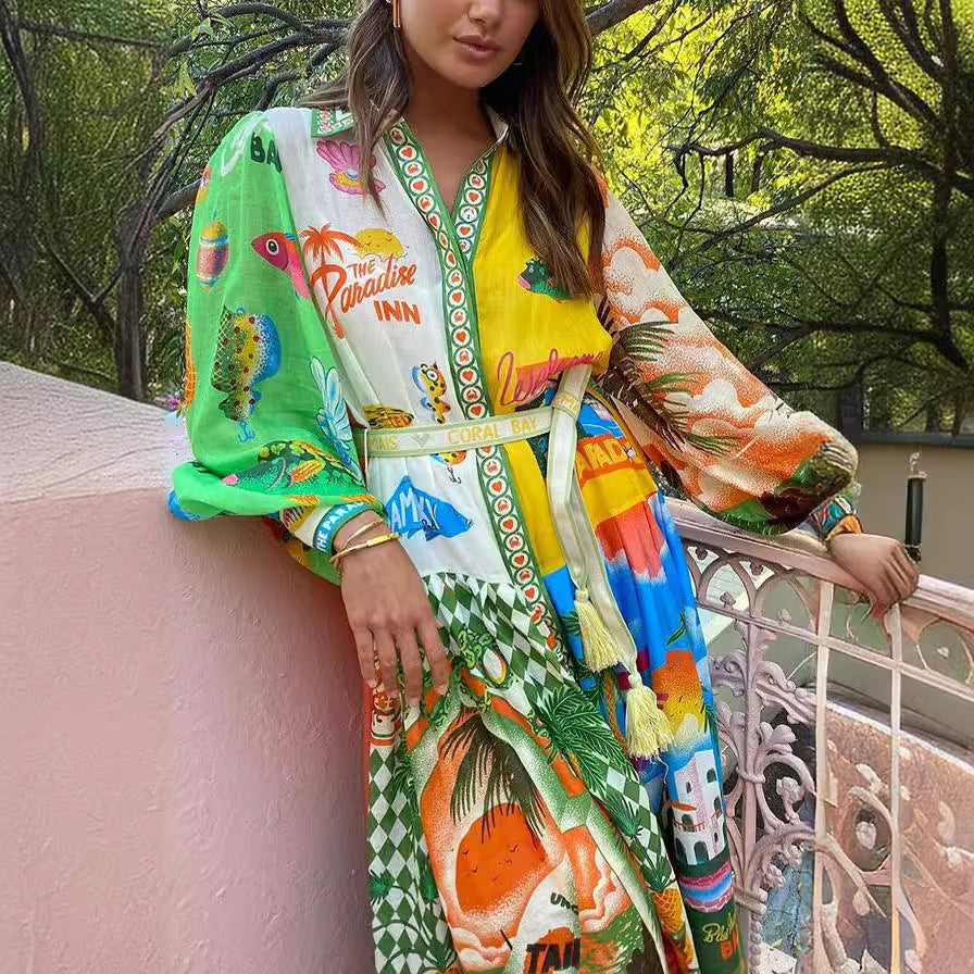Graffiti Print Belted Maxi Dress in - by Malbusaat