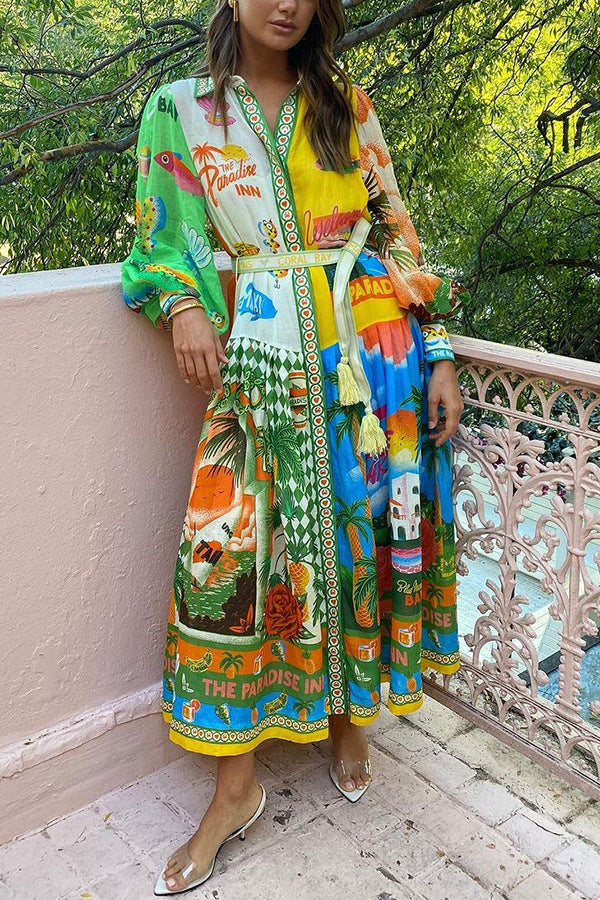 Graffiti Print Belted Maxi Dress in Green - by Malbusaat