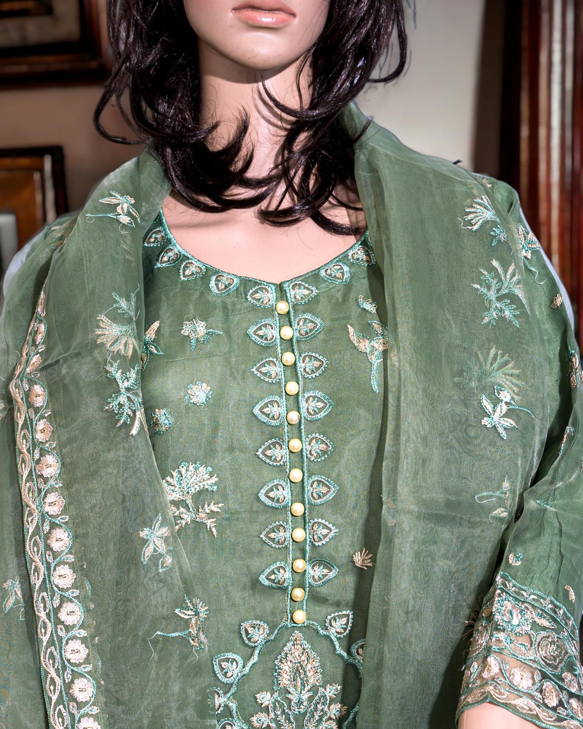 Green 3-Piece Semi-Formal Dress in - Pakistani Dress by Malbusaat