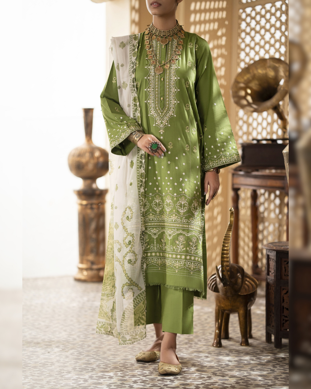 Green Cotton Suit with Floral Patterns in - Pakistani Dresses by Malbusaat