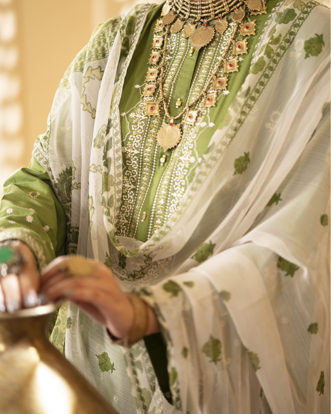 Green Cotton Suit with Floral Patterns in - Pakistani Dresses by Malbusaat