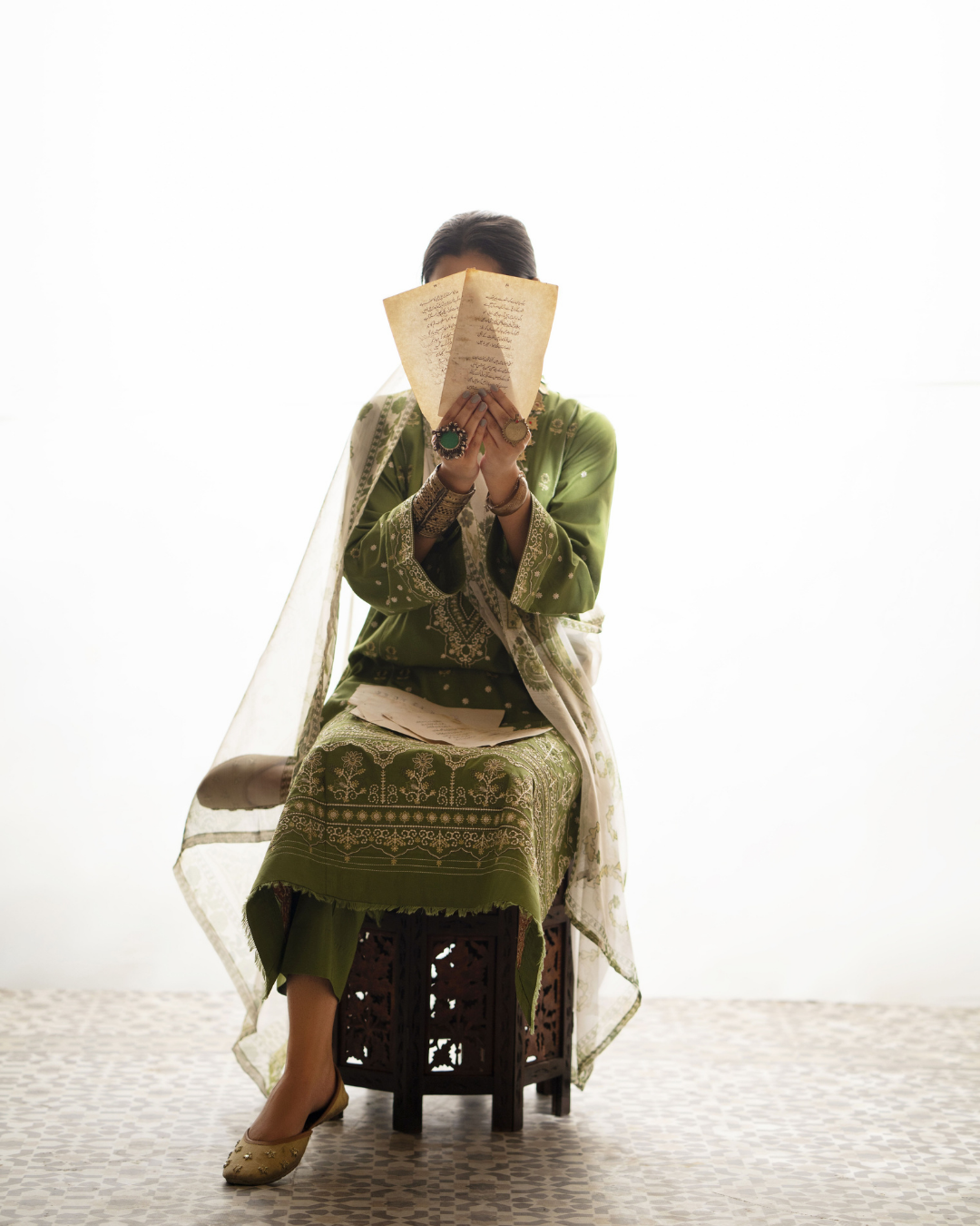 Green Cotton Suit with Floral Patterns in - Pakistani Dresses by Malbusaat