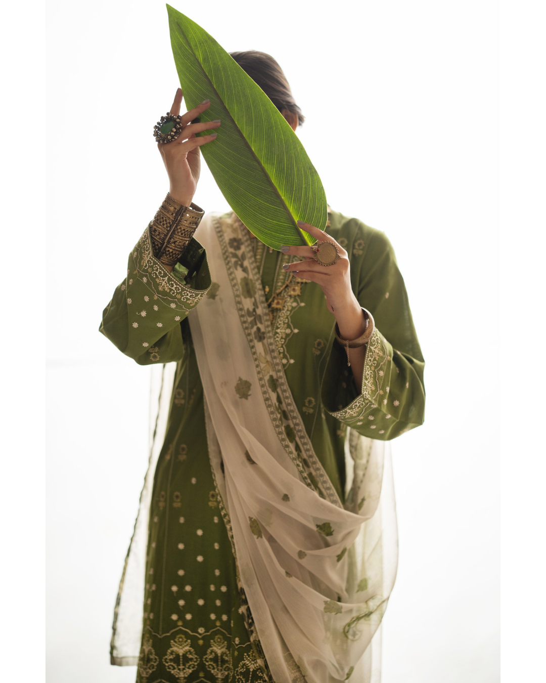Green Cotton Suit with Floral Patterns in - Pakistani Dresses by Malbusaat