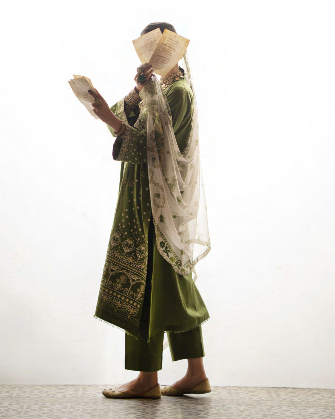 Green Cotton Suit with Floral Patterns in - Pakistani Dresses by Malbusaat