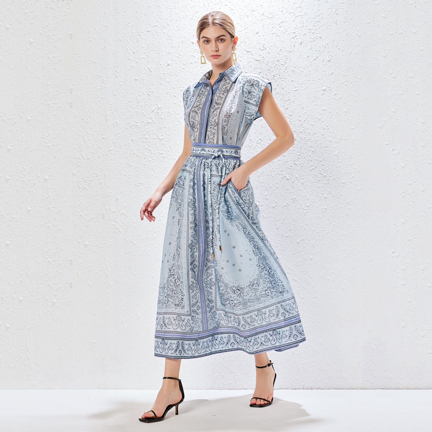 High-End Paisley Printed Two-Piece Set A Line Skirt in Blue - by Malbusaat