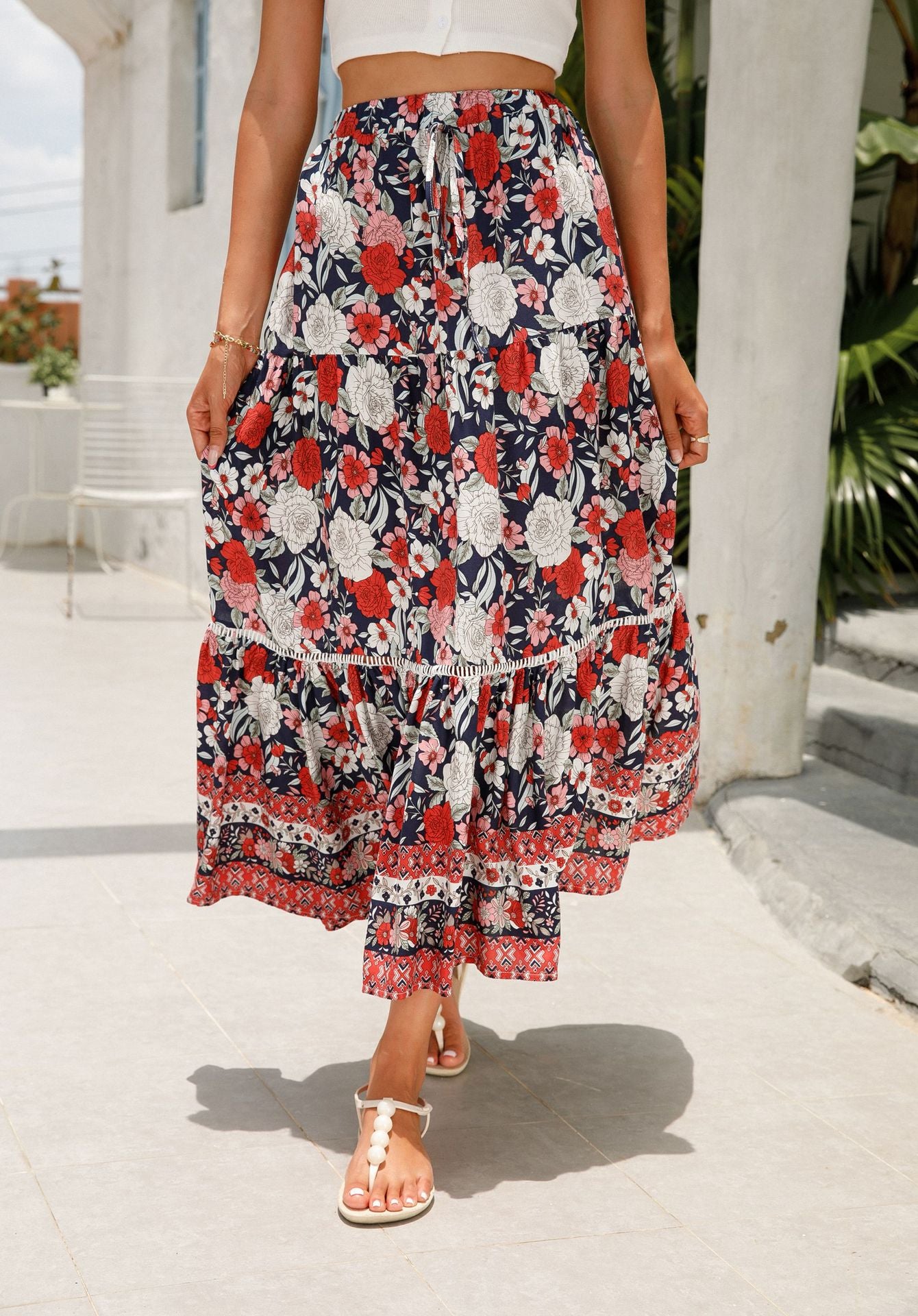 Lace Patchwork Rayon Bohemian Skirt in Red - by Malbusaat