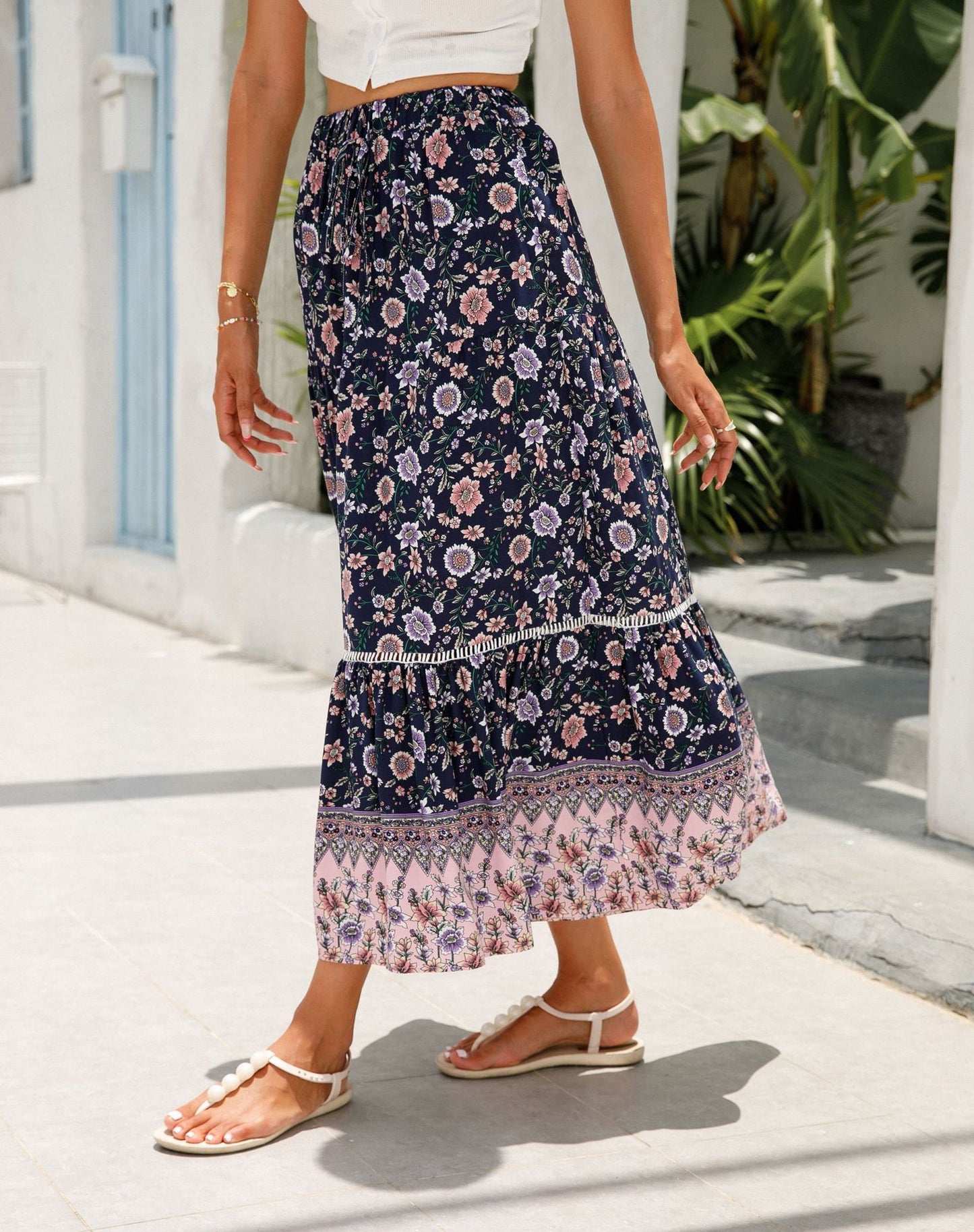 Lace Patchwork Rayon Bohemian Skirt in Navy Blue - by Malbusaat