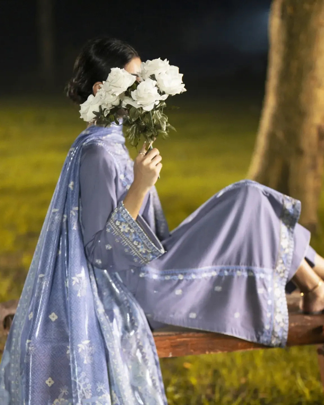 Lavender Linen 3-Piece Dress in - Pakistani Dresses by Malbusaat