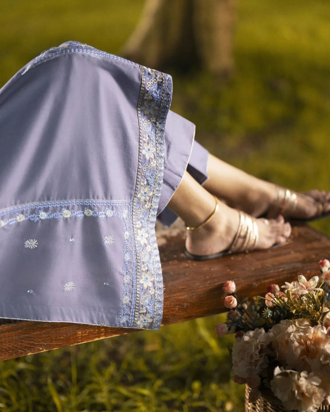 Lavender Linen 3-Piece Dress in - Pakistani Dresses by Malbusaat