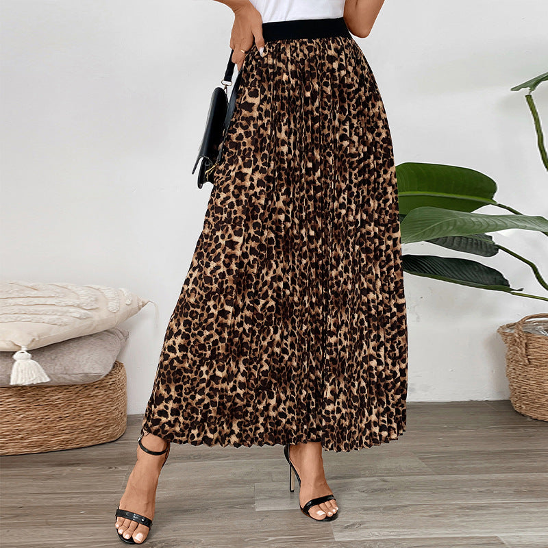 Leopard Print Pleated Office Skirt in Red Coffee Color - by Malbusaat