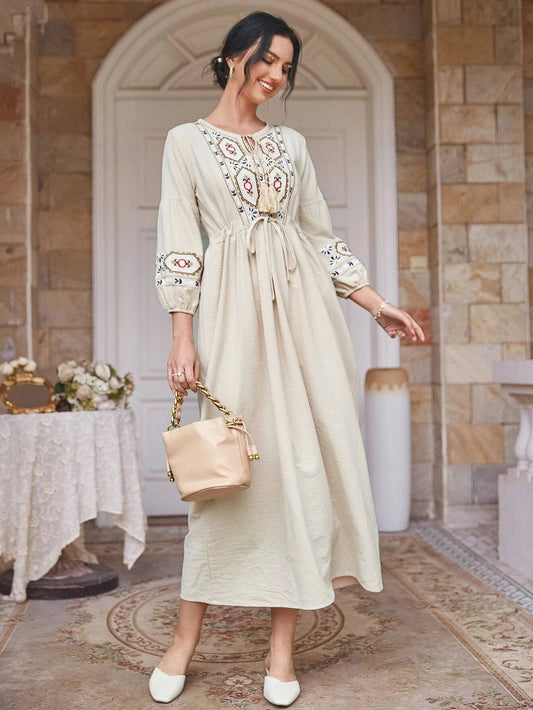 Apricot Tie Neck Floral & Geo Embroidery Drawstring Maxi Dress in - Maxi Dress by Malbusaat