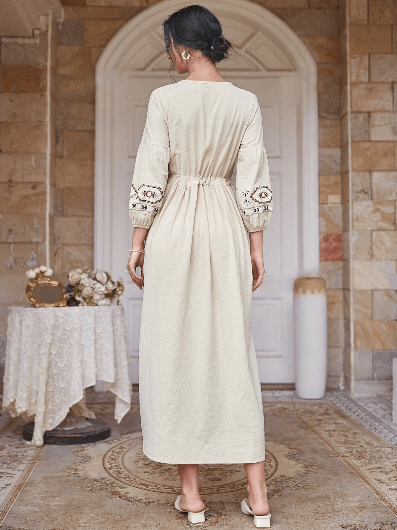 Apricot Tie Neck Floral & Geo Embroidery Drawstring Maxi Dress in - Maxi Dress by Malbusaat