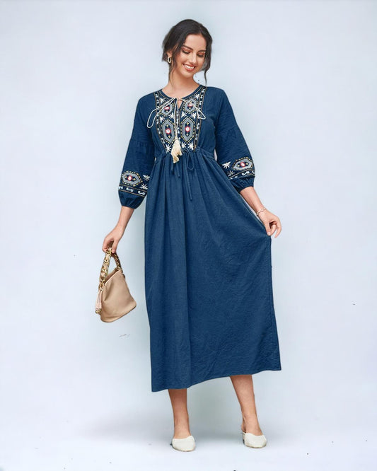 Navy Blue Tie Neck Floral & Geo Embroidery Maxi in - Maxi Dress by Malbusaat