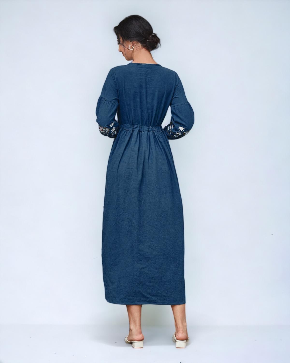 Navy Blue Tie Neck Floral & Geo Embroidery Maxi in - Maxi Dress by Malbusaat