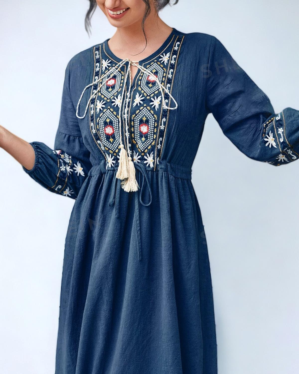 Navy Blue Tie Neck Floral & Geo Embroidery Maxi in - Maxi Dress by Malbusaat
