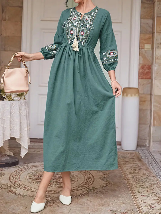 Cyan Tie Neck Floral & Geo Embroidery Maxi in - Maxi Dress by Malbusaat