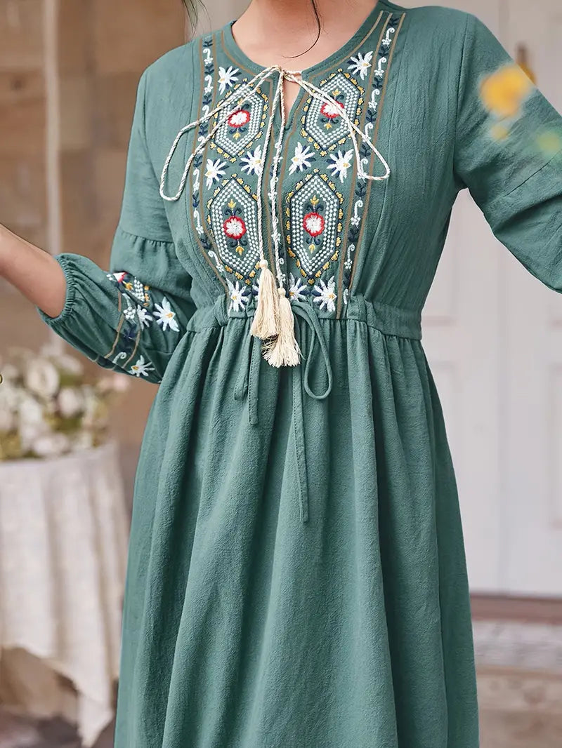 Cyan Tie Neck Floral & Geo Embroidery Maxi in - Maxi Dress by Malbusaat