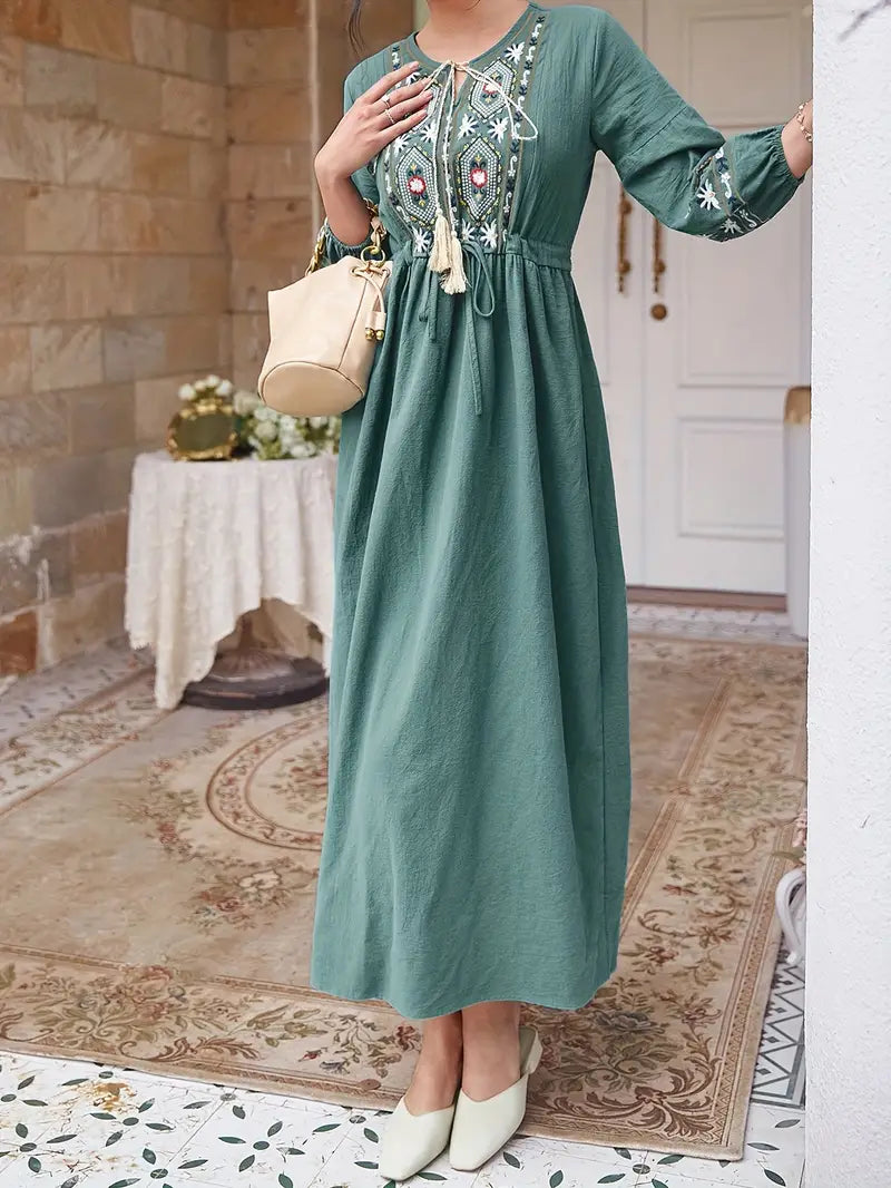 Cyan Tie Neck Floral & Geo Embroidery Maxi in - Maxi Dress by Malbusaat