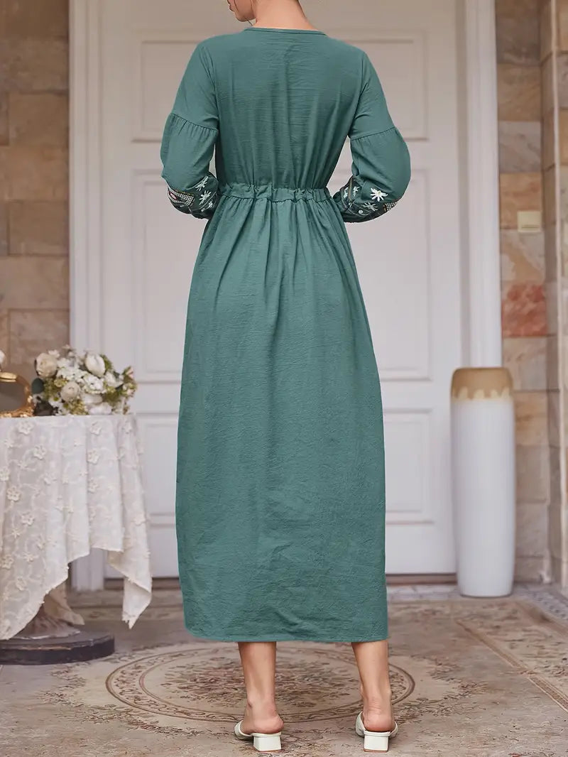 Cyan Tie Neck Floral & Geo Embroidery Maxi in - Maxi Dress by Malbusaat