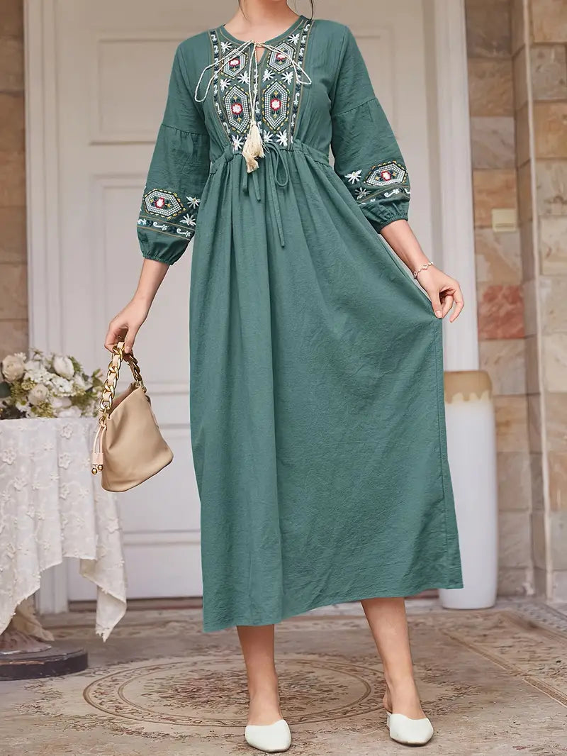 Cyan Tie Neck Floral & Geo Embroidery Maxi in - Maxi Dress by Malbusaat