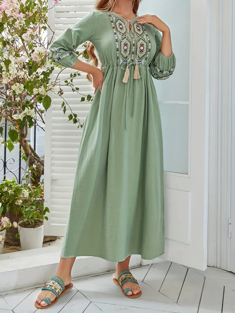 Mint Green Tie Neck Floral & Geo Embroidery Maxi in - Maxi Dress by Malbusaat