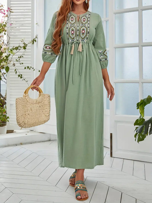 Mint Green Tie Neck Floral & Geo Embroidery Maxi in - Maxi Dress by Malbusaat