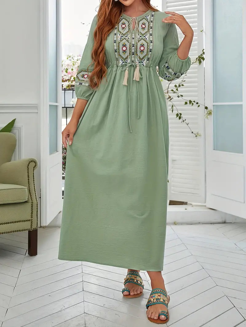 Mint Green Tie Neck Floral & Geo Embroidery Maxi in - Maxi Dress by Malbusaat