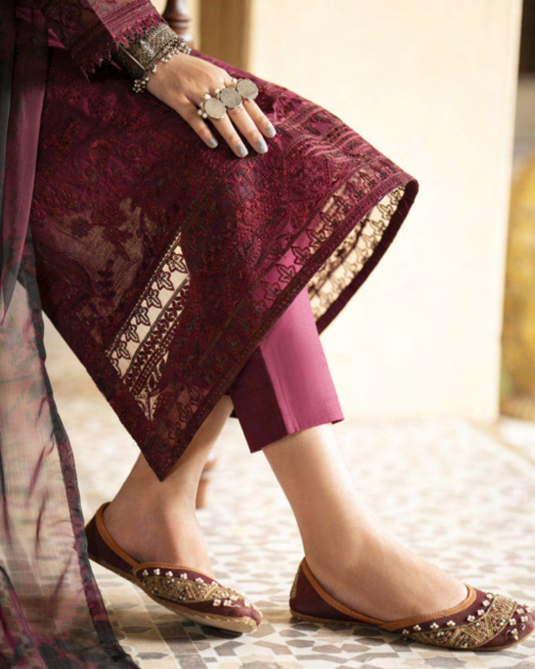 Maroon Cotton Suit Set in - Pakistani Dresses by Malbusaat