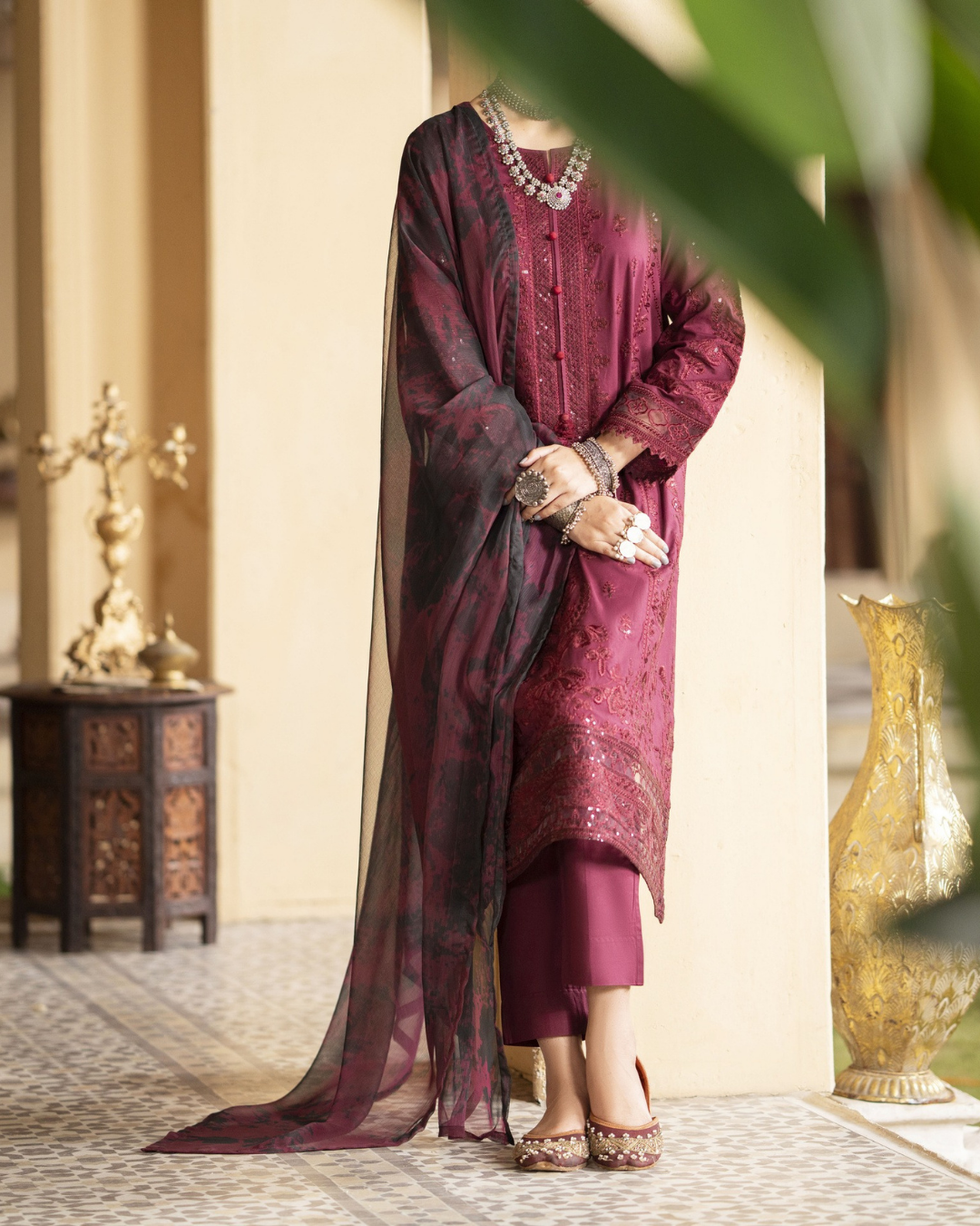 Maroon Cotton Suit Set in - Pakistani Dresses by Malbusaat