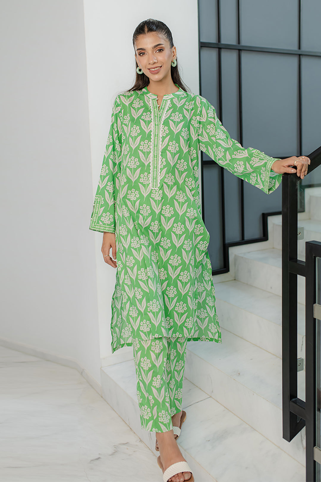 Mint Green Floral Kurta in - Pakistani Dresses by Malbusaat