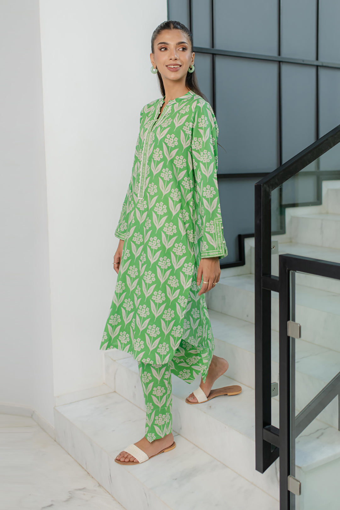 Mint Green Floral Kurta in - Pakistani Dresses by Malbusaat