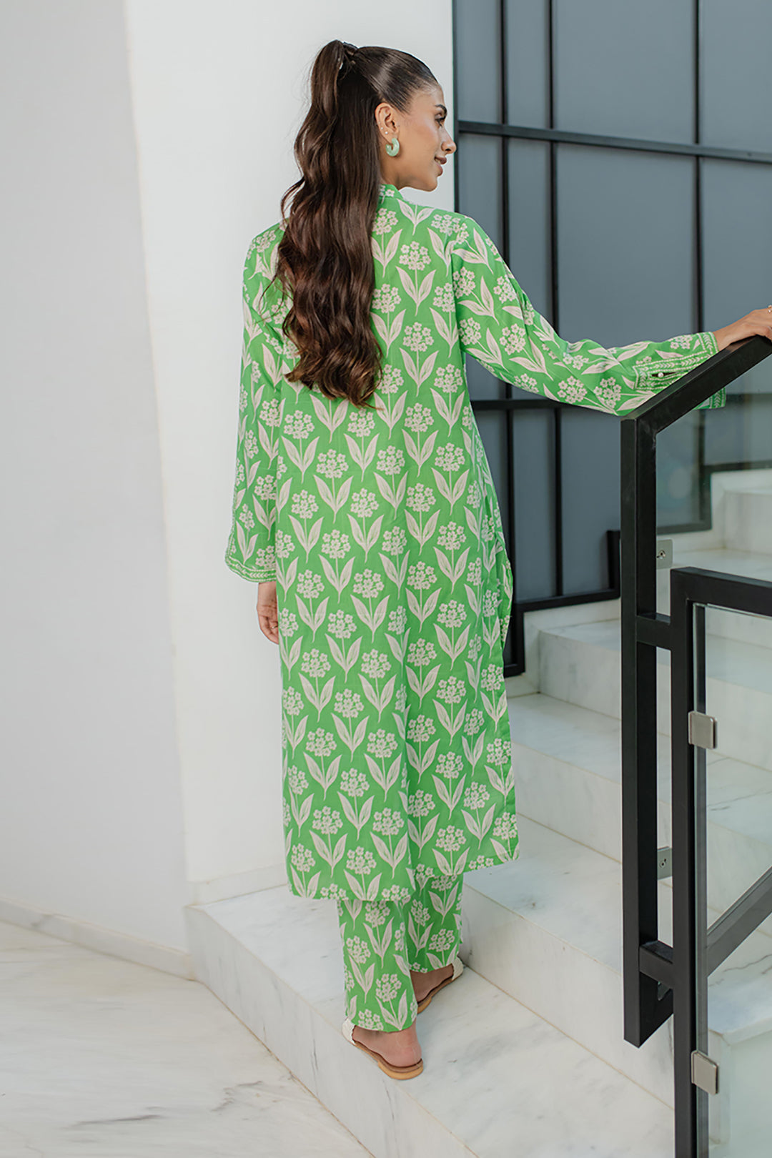 Mint Green Floral Kurta in - Pakistani Dresses by Malbusaat