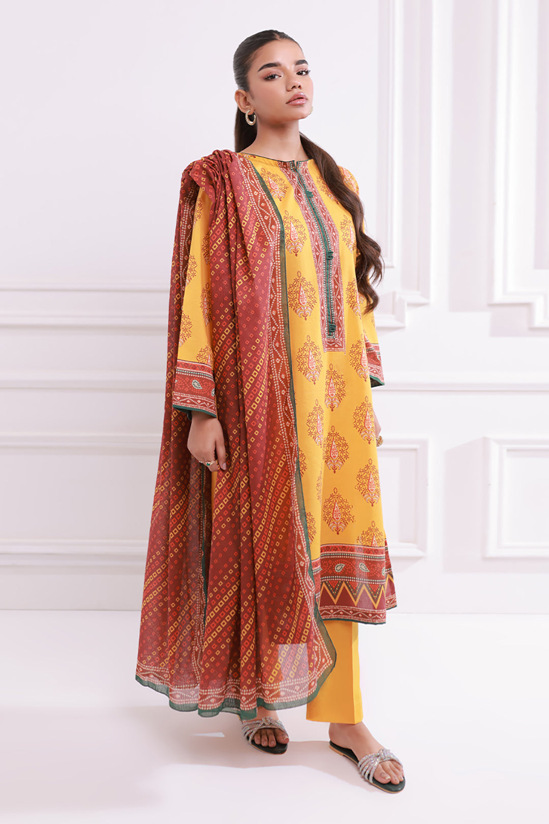 Mustard Yellow Printed Kurta in - Pakistani Dresses by Malbusaat