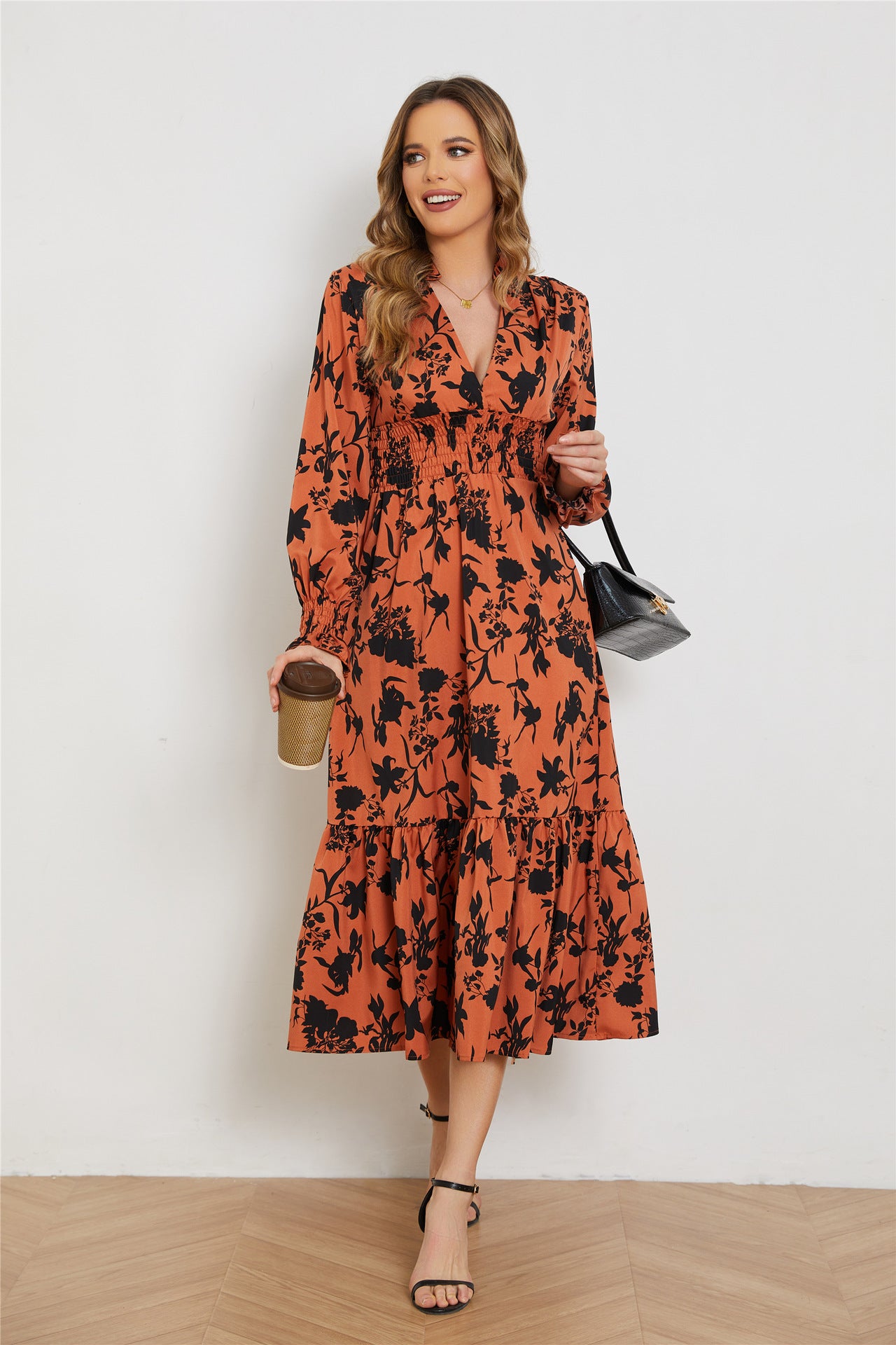 V Neck Long Sleeve High Waist Midi Dress in - by Malbusaat