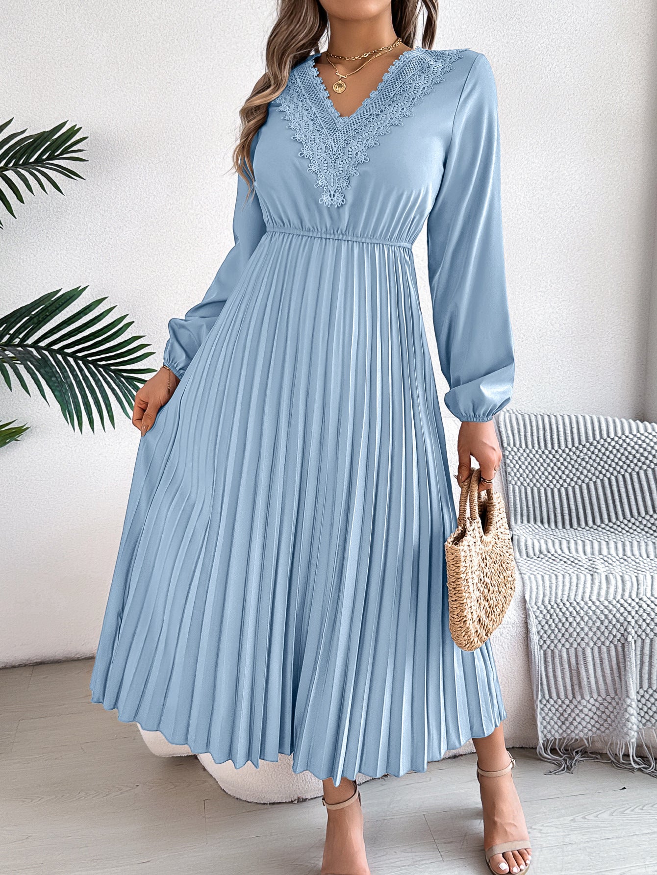 Elegant Lace V-Neck Pleated Long Sleeve Midi Dress in - by Malbusaat