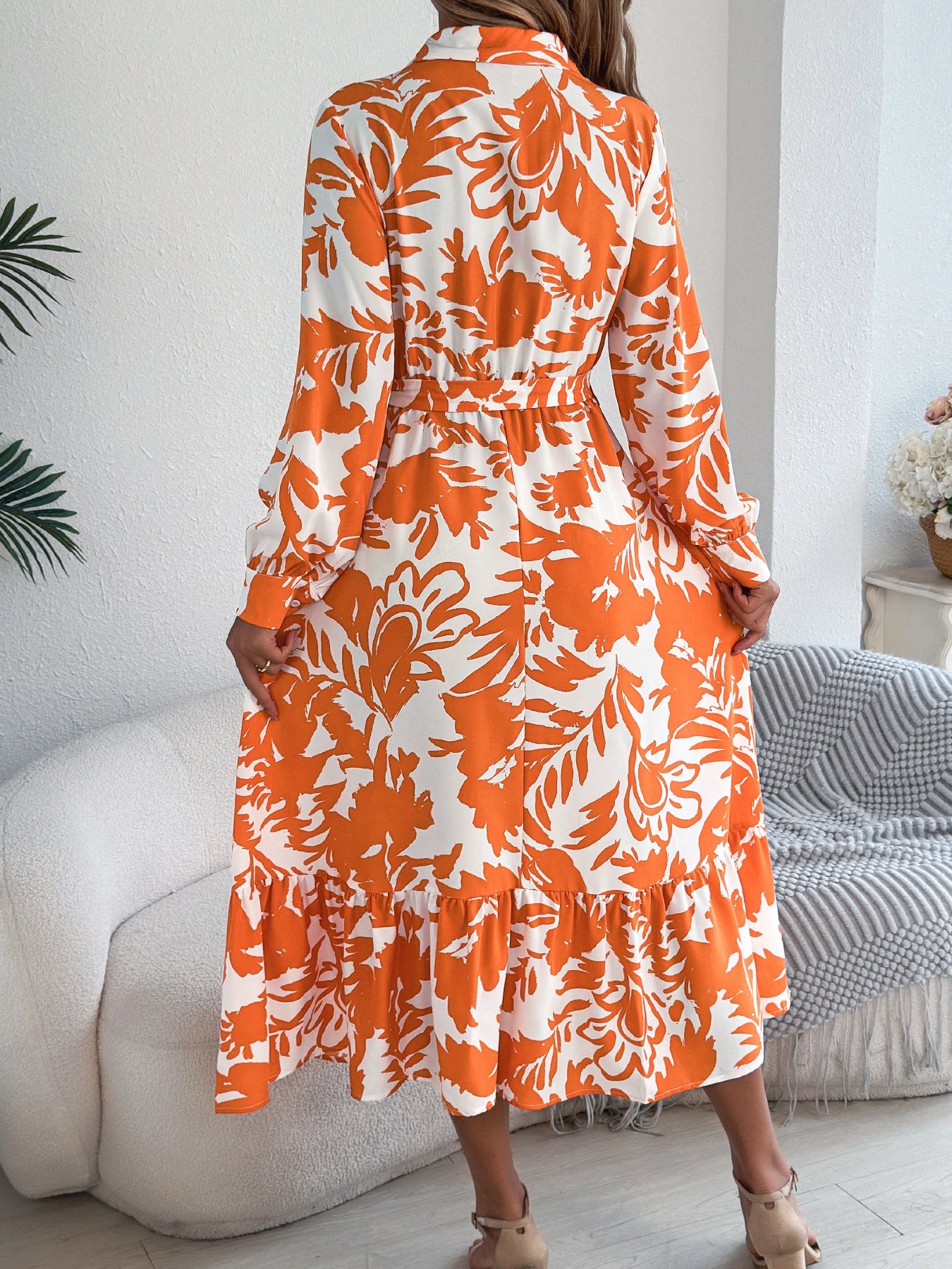 Elegant Floral Long Sleeve Shirt Dress