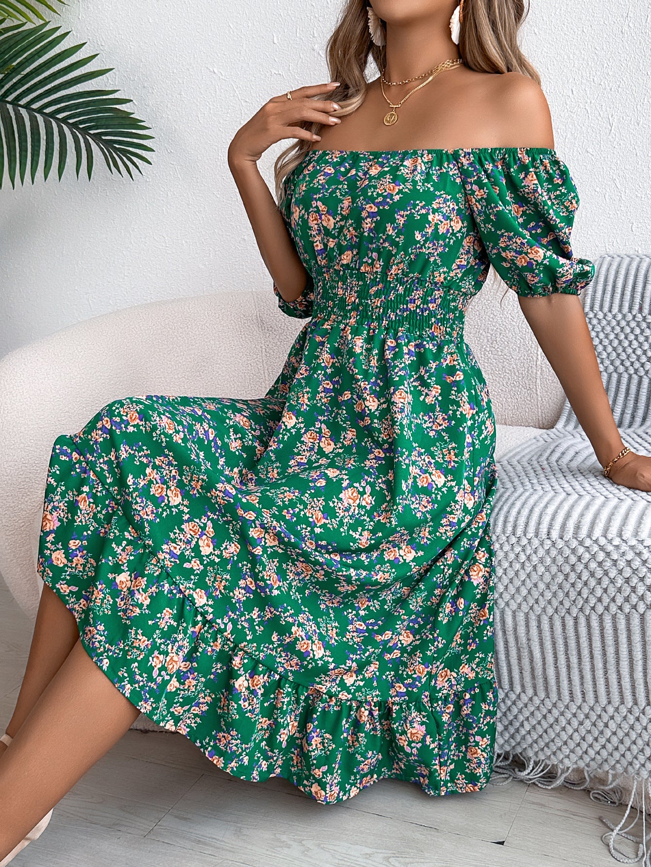 Floral Square Neck Ruffled A-Line Dress in Green - by Malbusaat