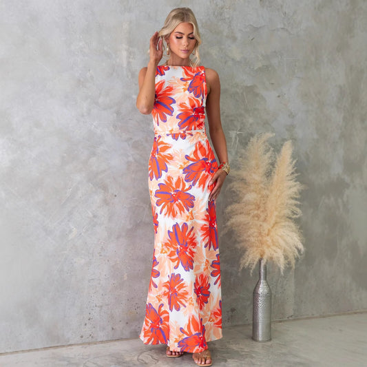 Floral Print Sleeveless Backless Maxi Dress in - by Malbusaat