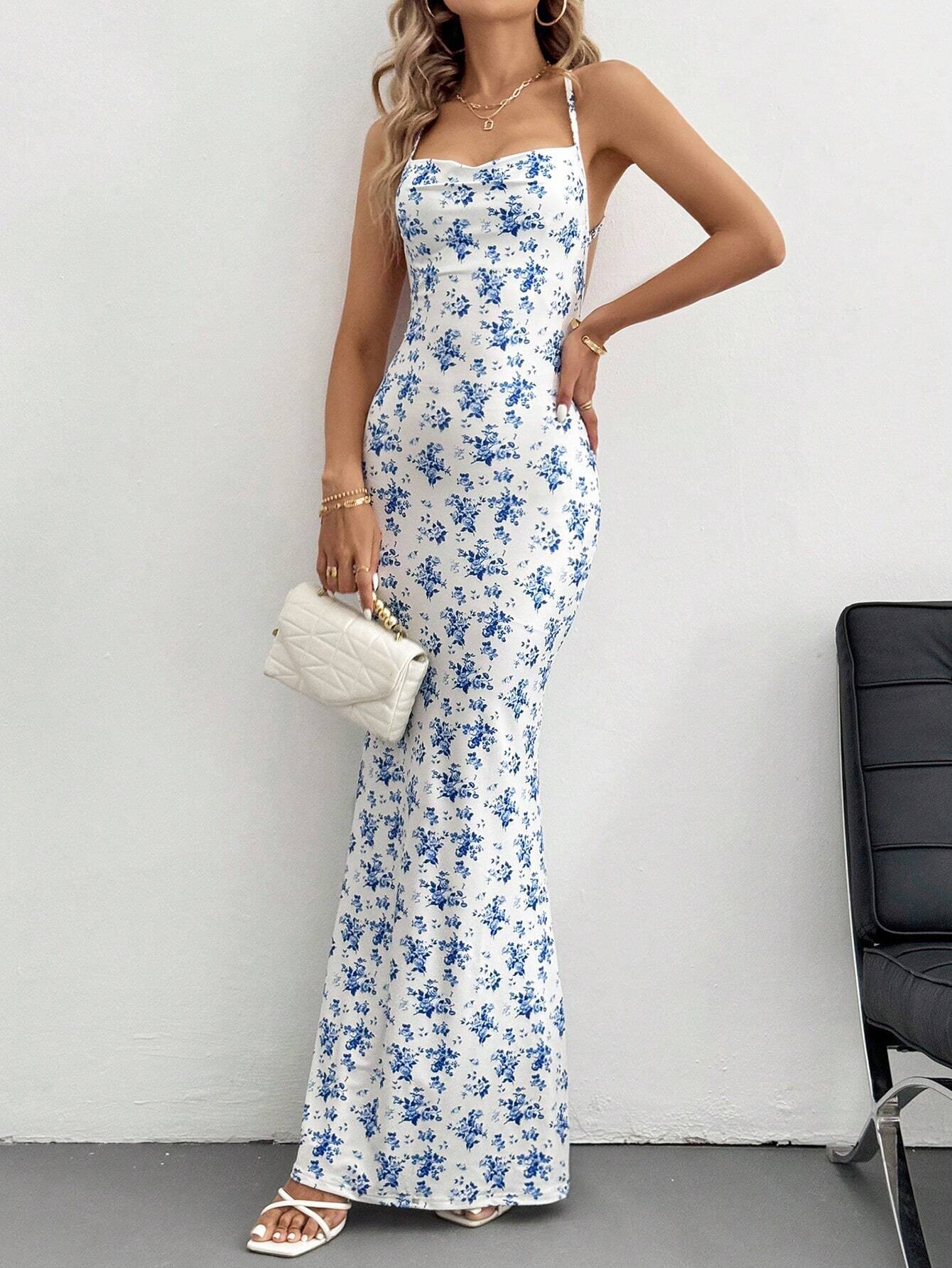 Floral Halter Backless Bodycon Maxi in - by Malbusaat