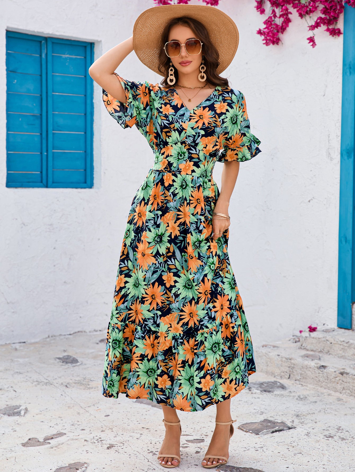 Ruffled V-Neck Short Sleeve Maxi