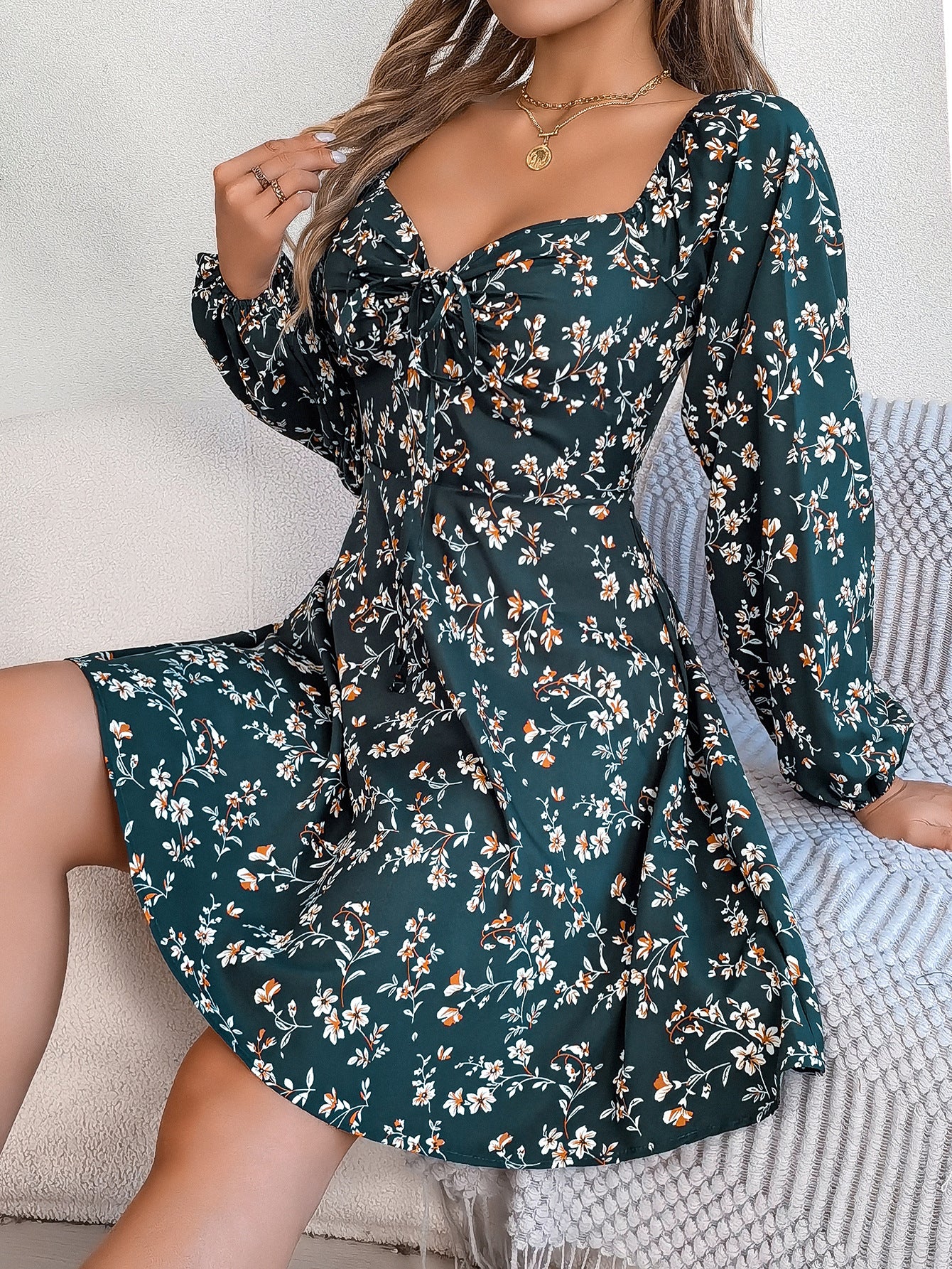 Floral Lacing Square Collar Dress in blackish green - by Malbusaat