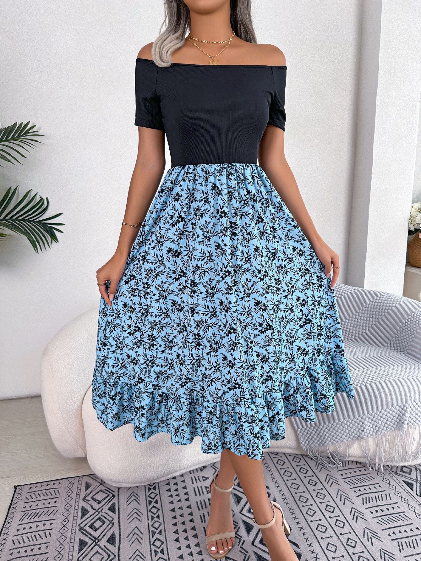 Floral Off-Shoulder Ruffle Patchwork Midi Dress