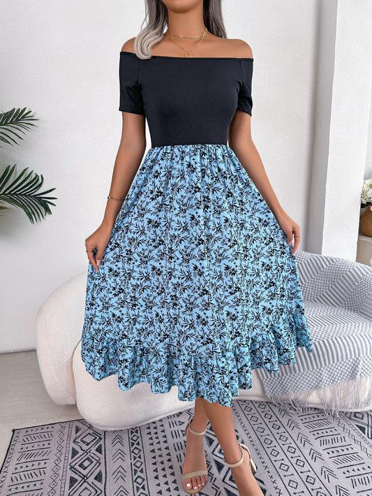 Floral Off-Shoulder Ruffle Patchwork Midi Dress in - by Malbusaat