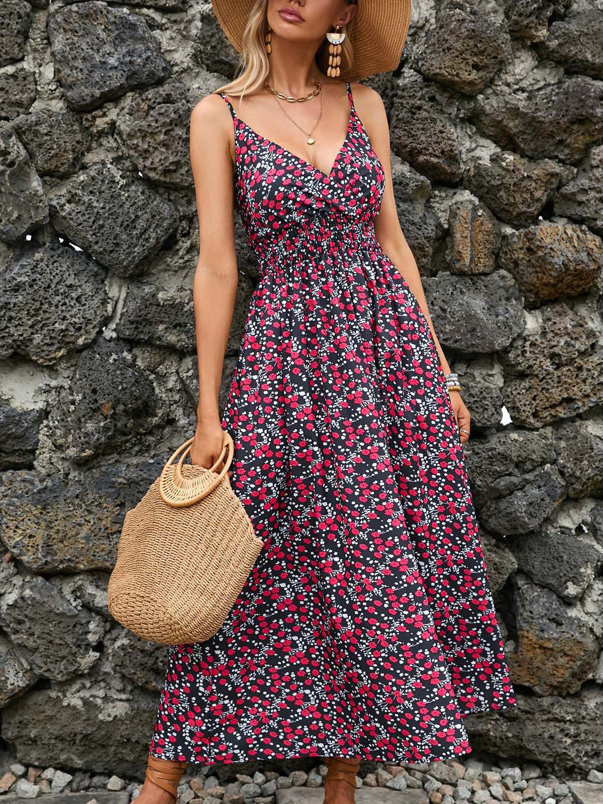 Floral V-Neck Midi Cami Dress in - by Malbusaat