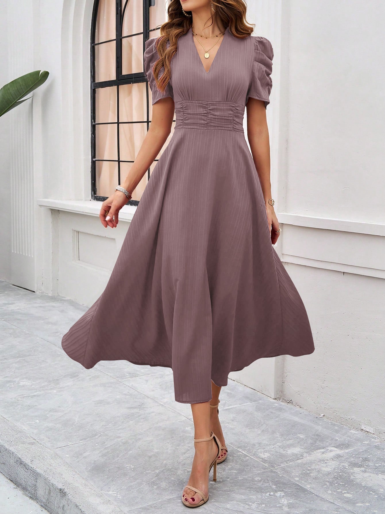 V Neck Short Sleeve High Waist Maxi