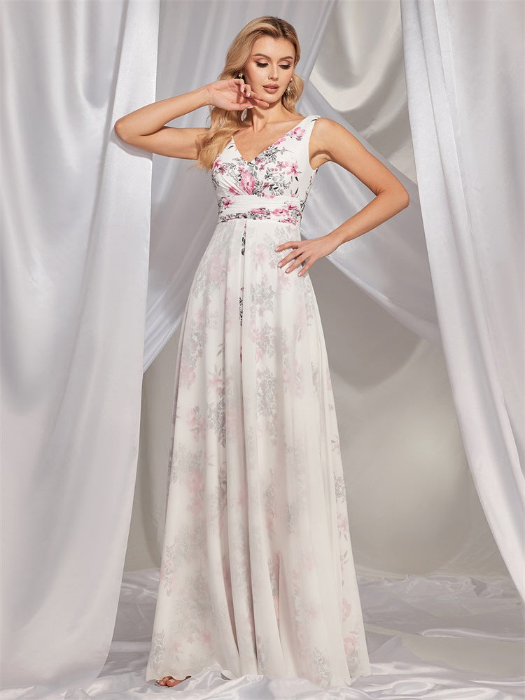 Elegant White Chiffon V-Neck Maxi in - by Malbusaat
